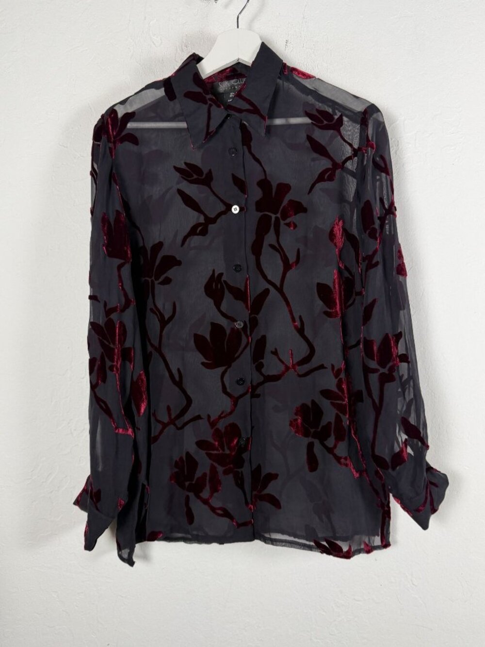 Silk Club Women's Silk Velvet Burnout Blouse Sheer Floral Top Black Red Small